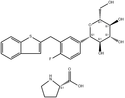 L-Proline komp. med (1S)-1,5-anhydro-1-C-[3-(benso[b]tien-2-ylmetyl)-4-fluorfenyl]-D-glucitol (1:1)